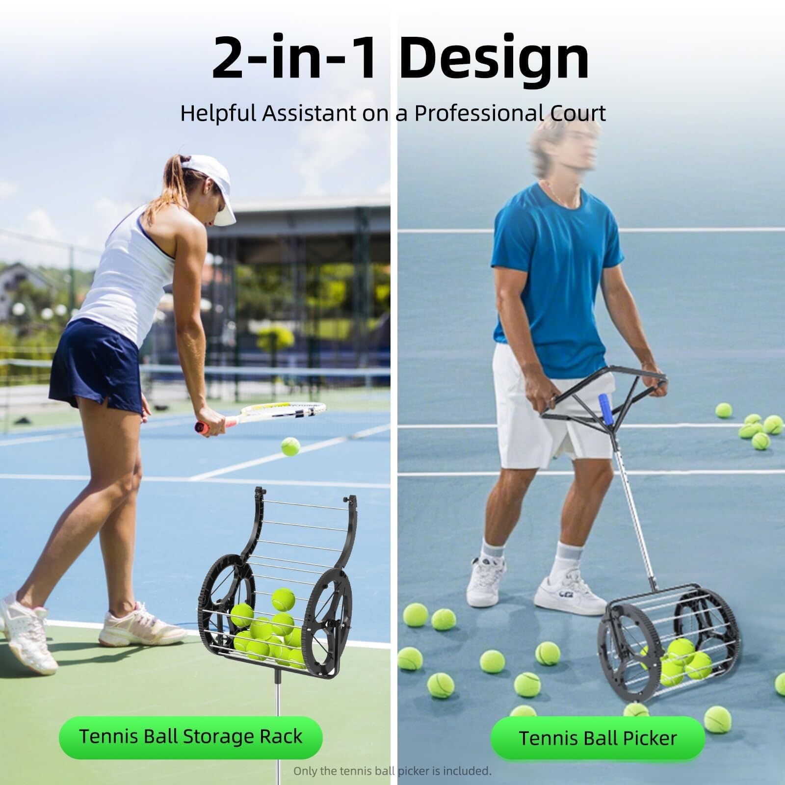 Raccoglitore per palline da tennis, 2 in 1, con manico, tramoggia per cestino, altezza regolabile, ideale per raccogliere e riporre oggetti