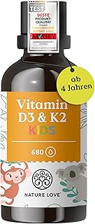 NATURE LOVE® Vitamin D3 + K2 Kinder (20ml) - 800 I.E. Vitamin D3 pro Tagesdosis- hoch bioverfügbar & laborgeprüft - in MCT-Öl - optimal dosiert für kids