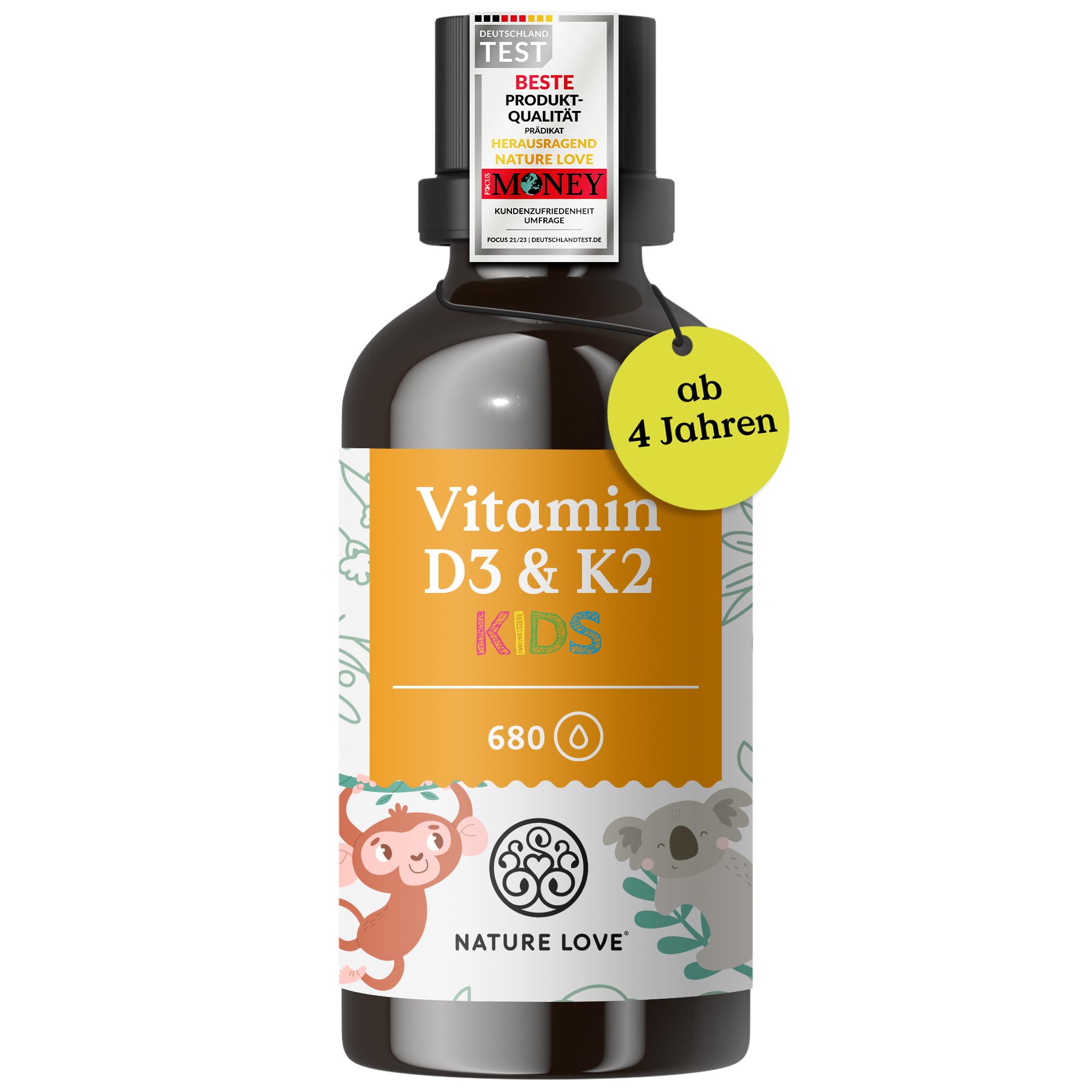 NATURE LOVE® Vitamin D3 + K2 Kinder (20ml) - 800 I.E. Vitamin D3 pro Tagesdosis- hoch bioverfügbar & laborgeprüft - in MCT-Öl - optimal dosiert für kids