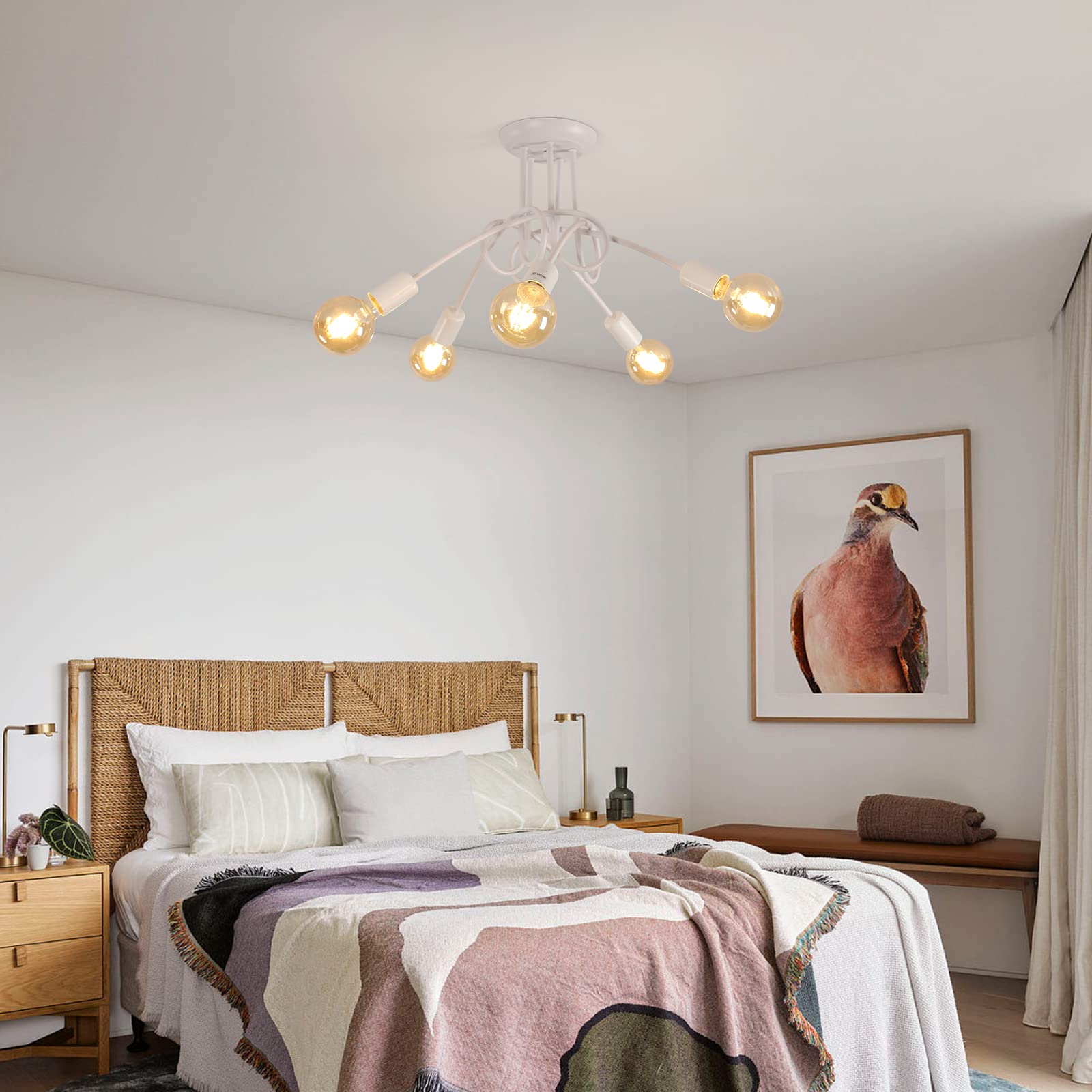Riserva Lampadario Vintage, Plafoniera Soffitto Industriale E27, 5 Luci Lampada da Soffitto in Metallo per Soggiorno, Cucina, Camera da Letto, Ristorante, Cafe, Bianco (senza lampadine)