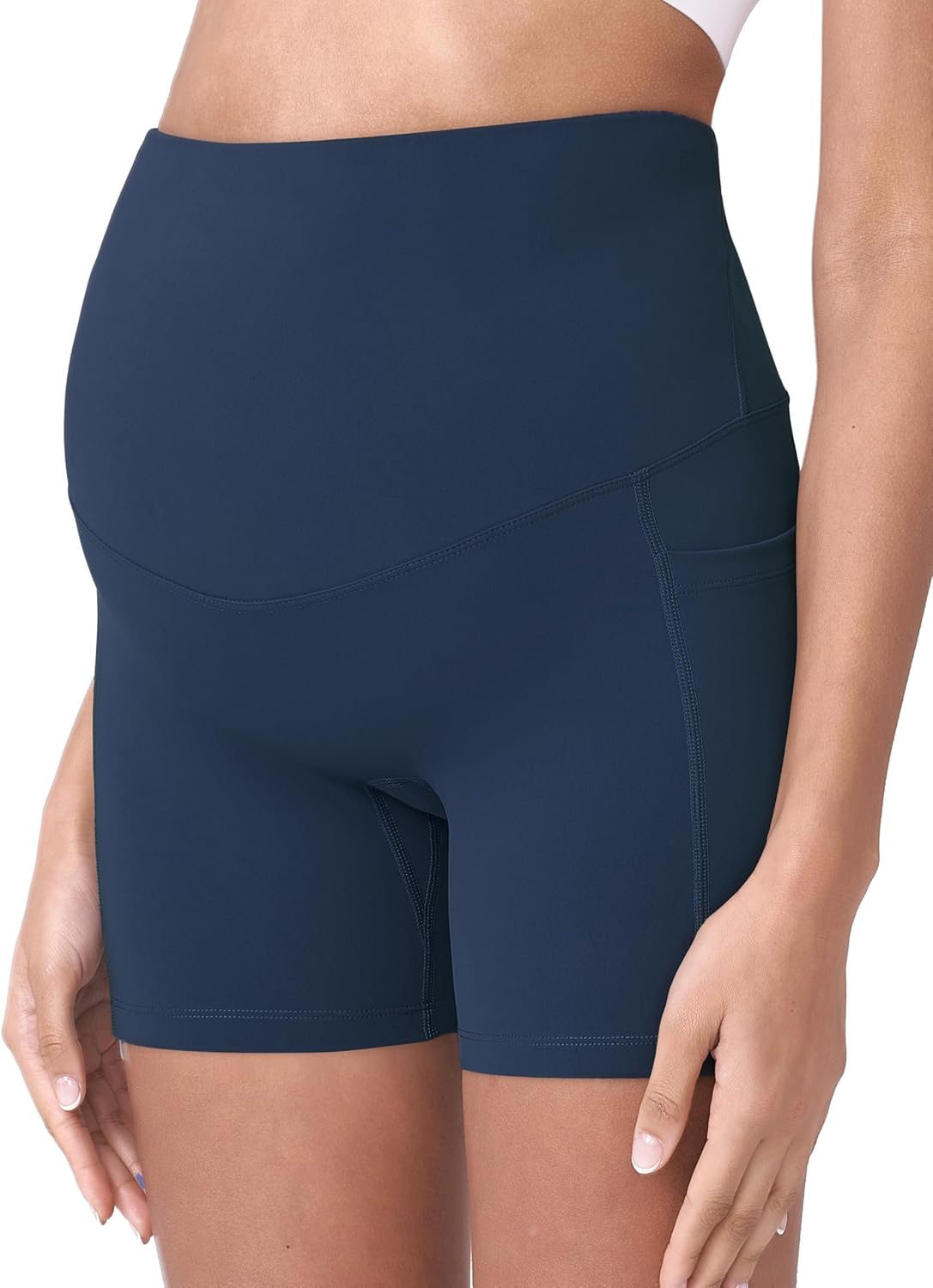 POSHDIVAH Women's Maternity Yoga Shorts Over The Belly Bump Summer Workout Running Active Short Pants with Pockets 5"/8" - Image 5