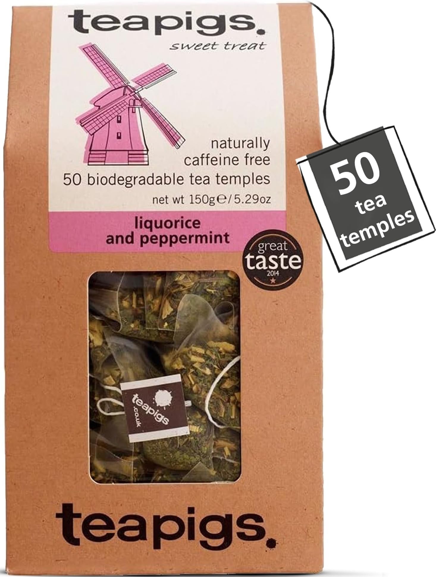 teapigs Liquorice & Peppermint Herbal Tea Bags - Caffeine-Free & Plastic-Free - Great Taste Award-Winning Blend - Naturally Sweet & Refreshing - 50 Eco-Friendly Biodegradable Tea Temples (1 Pack)