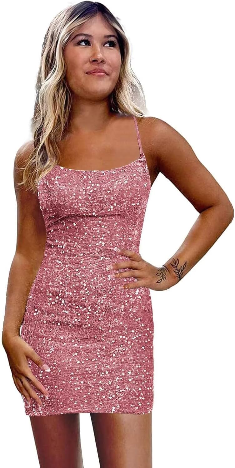Sparkly Sequin Homecoming Dresses for Teens Short Tight Corset Prom Dress Spaghetti Strap Party Dress