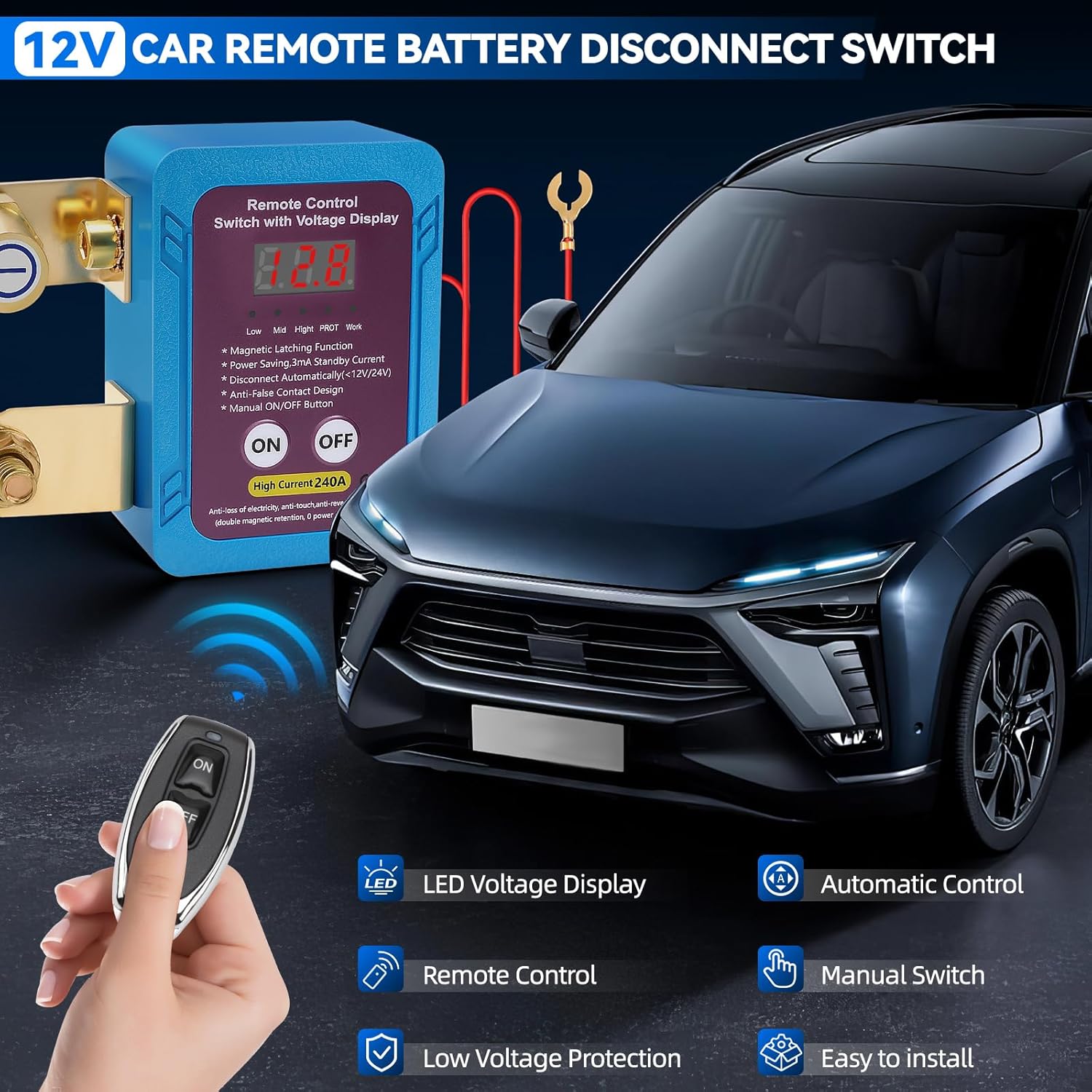 Remote Battery Disconnect Switch 240A 12V Kill Switch for car with LED Voltage Display Automatic Disconnect car Kill Switch for Cars, Trucks, RVs and Boats Blue