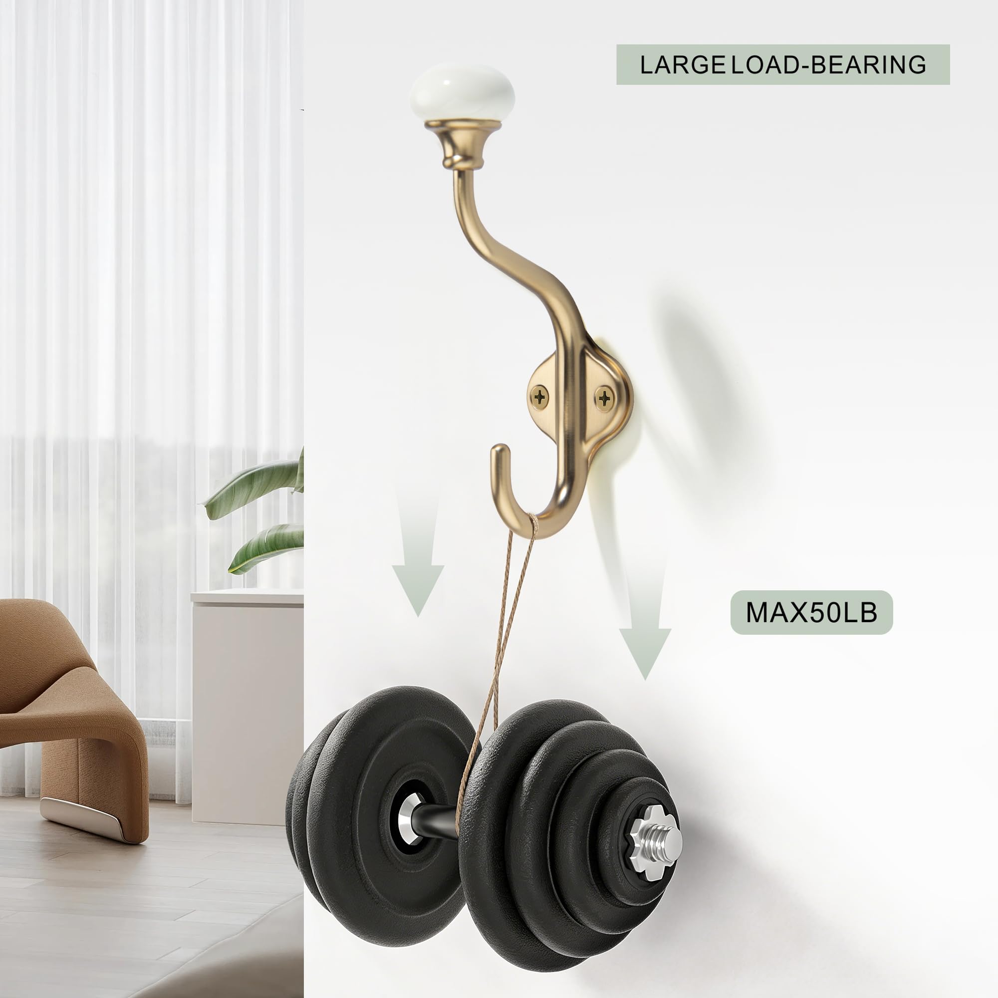 TUNNY Paquete de 5 ganchos para toallas – Gancho de pared de cerámica cepillada dorado champán, gancho de pared, para colgar toallas, ropa, bata, doble tenedor, casa de campo, aldea, montaje en pared,