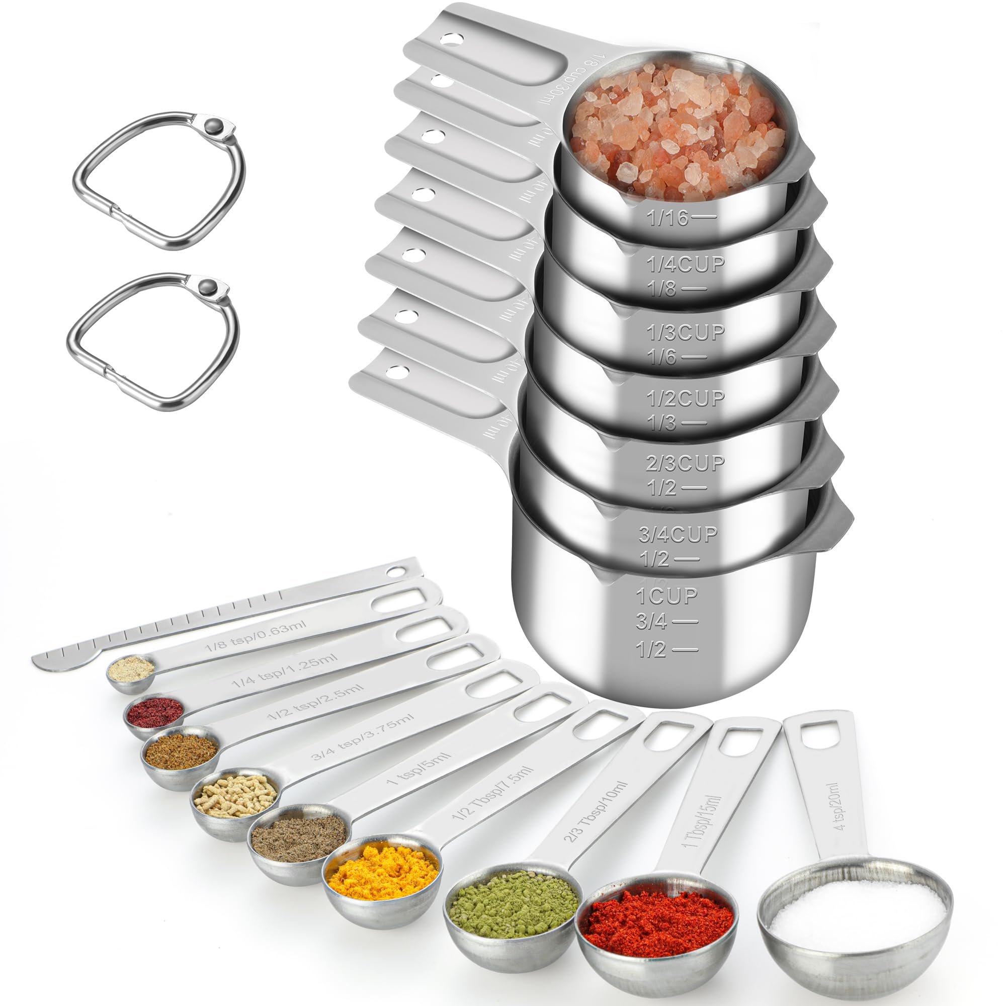 17 Pieces Measuring Cups & Spoons set, 7 Cups, 9 Spoons, 1 Leveler, 18/8 Stainless Steel，Kitchen Gadgets for Cooking & Baking with two Ring Connector, Silver