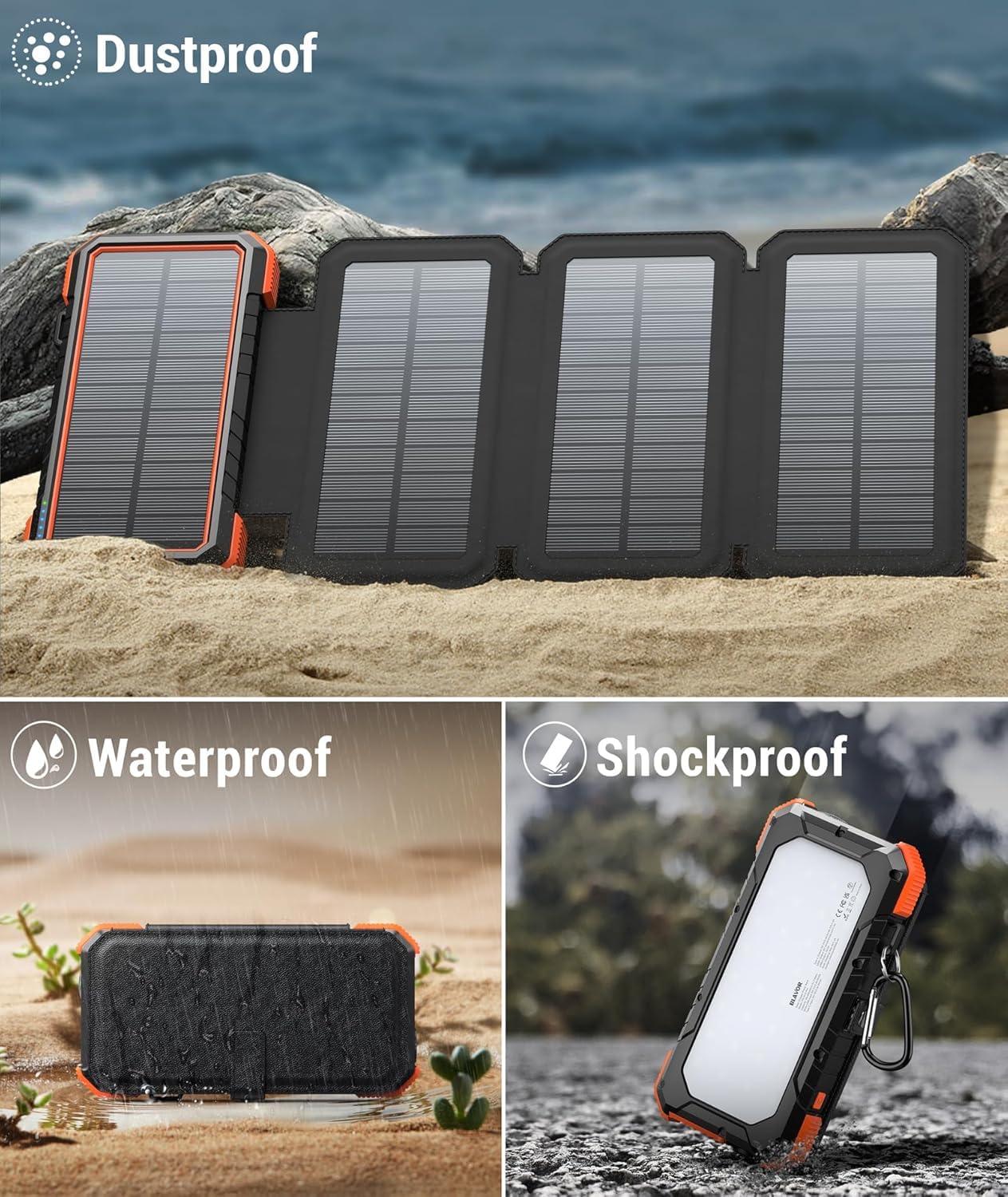 BLAVOR Powerbank solare da 20000 mAh, caricatore solare con 4 pannelli solari e uscite USB C, PD 18 W, ricarica rapida, batteria esterna, caricabatterie portatile per attività all'aperto, campeggio
