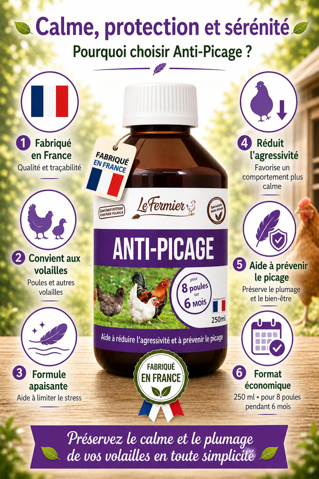 Anti-Picage Poules 250 ML – Complément Liquide pour Volailles – Aide à Réduire Picage, Stress & Agressivité – pour Poules, Canards, Oies – sans Impact sur Les Œufs