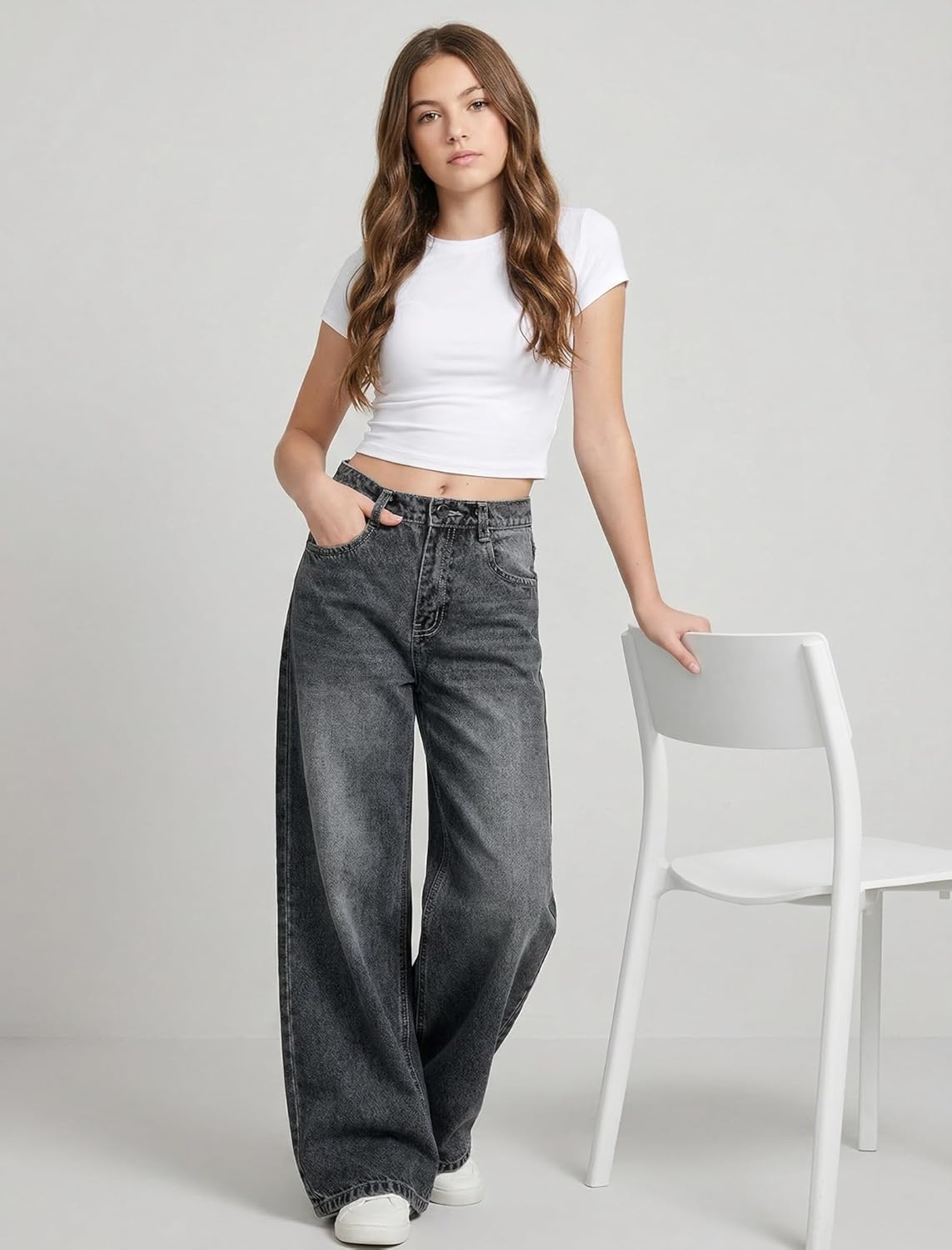 EXARUS Girls Jeans Baggy Wide Leg Cute Teen Denim Pants Junior Mid Rise Elastic Band with Pockets Casual Clothes