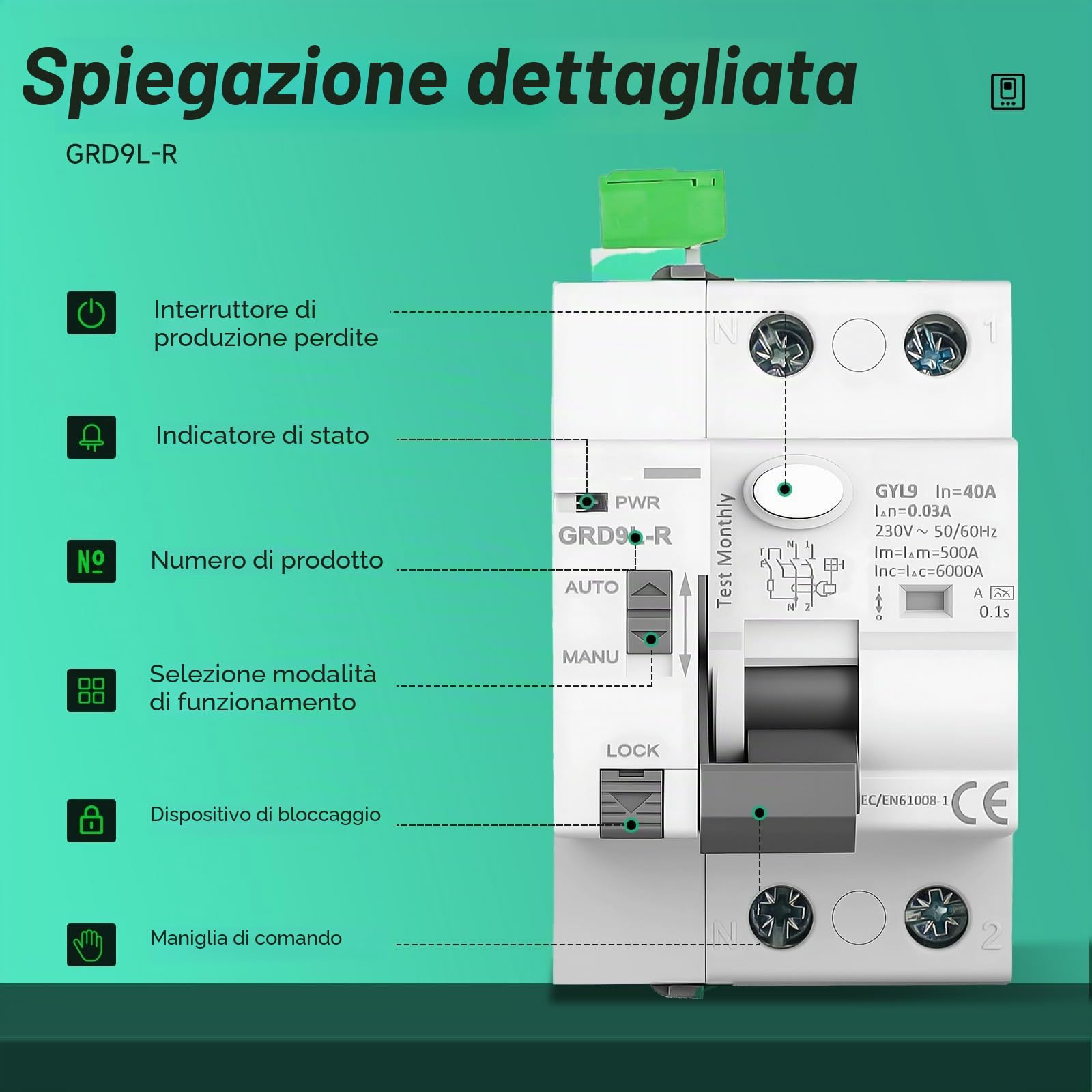 Salvavita Riarmo Automatico 2P 40A 30mA Interruttore Differenziale AC220V per Casa e Contatore Fotovoltaico