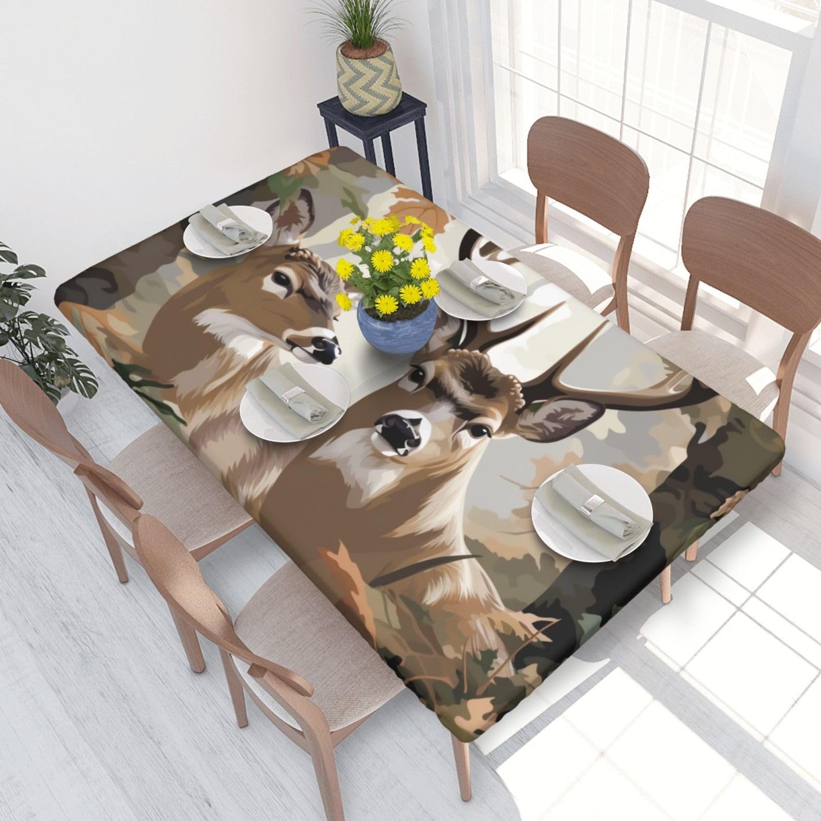 DCARSETCV Camouflage Deer Printed 4FT Waterproof Tablecloth with Elastic Edged Protect & Decor Your Table, Oil-proof Washable Table Cloth Cover for Dinner Picnic Party