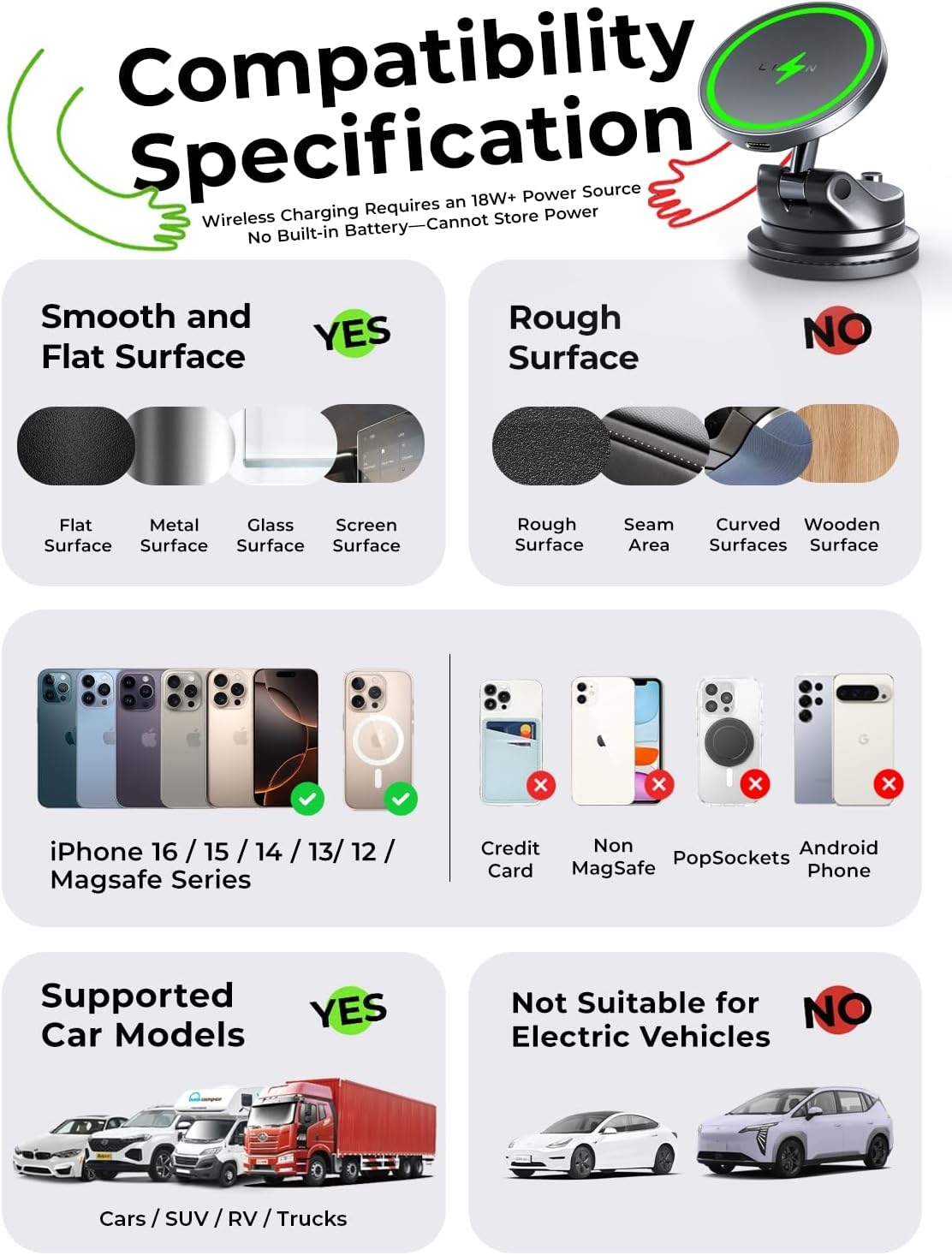 LISEN 15W Magsafe Car Mount Charger，[Lever Lock] Suction Cup Phone Holder, [More Portable＆Flexible] 360° Vacuum Magnetic Car Phone Holder Charger Wireless for iPhone 17 Pro Max Air 16 15 14 13 12,Grey