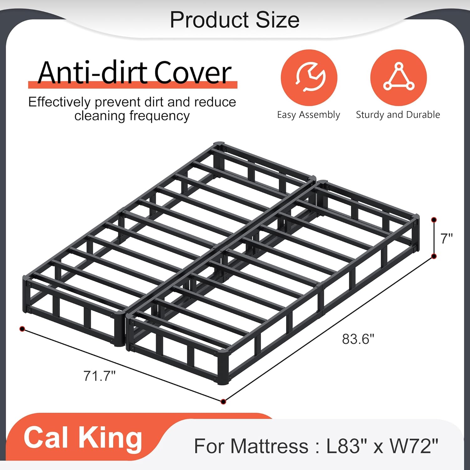 Yicensen Split California King Box Spring 7 Inch, Heavy Duty Metal Box Spring Cal King Size with Fabric Cover, Noise-Free, Quick Assembly