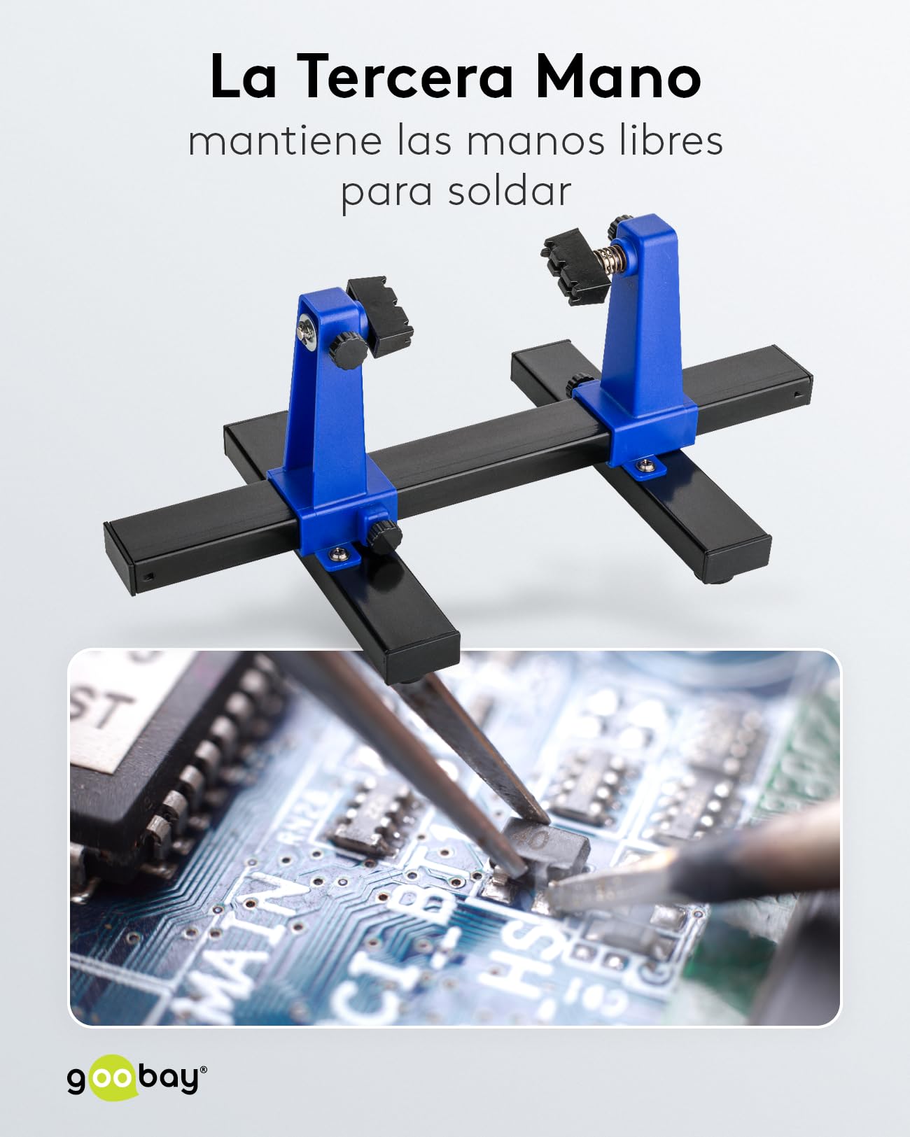 goobay Soporte ajustable para PCB/Soporte para PCB/Robusto soporte para soldar Para fijar PCBs y piezas de trabajo durante la soldadura y el trabajo artesanal/Rotación de 360, 51220