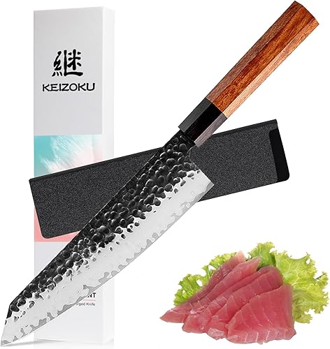 Miniatura 9 de Cuchillo de chef japonés Kiritsuke de 8 pulgadas, 3 capas, acero de alto carbono 9CR18MOV, cuchillo profesional para sushi de carne martillada a