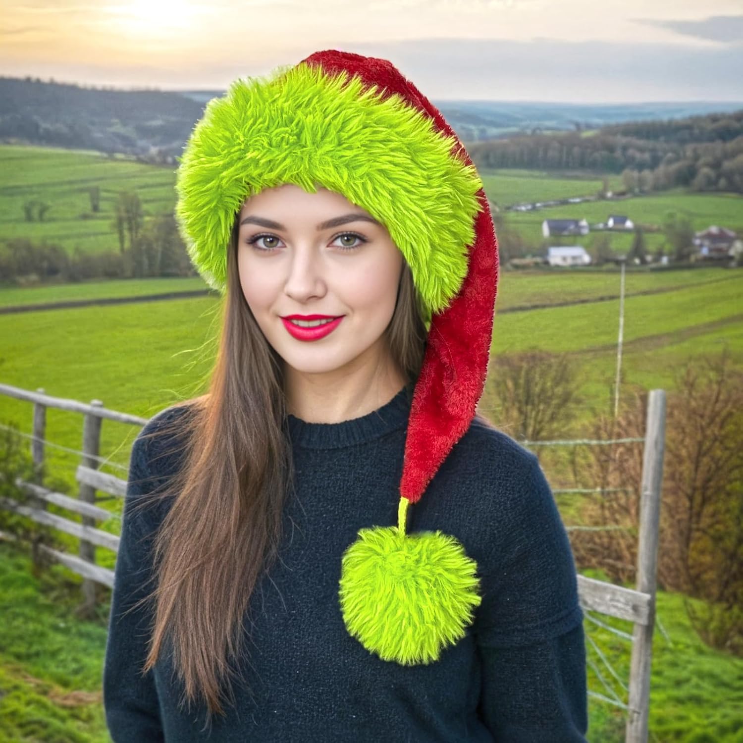 Long Santa Hat for Adults, Green Personalized Christmas Hats for Women Men Xmas Holiday Hat Santa Claus Costume