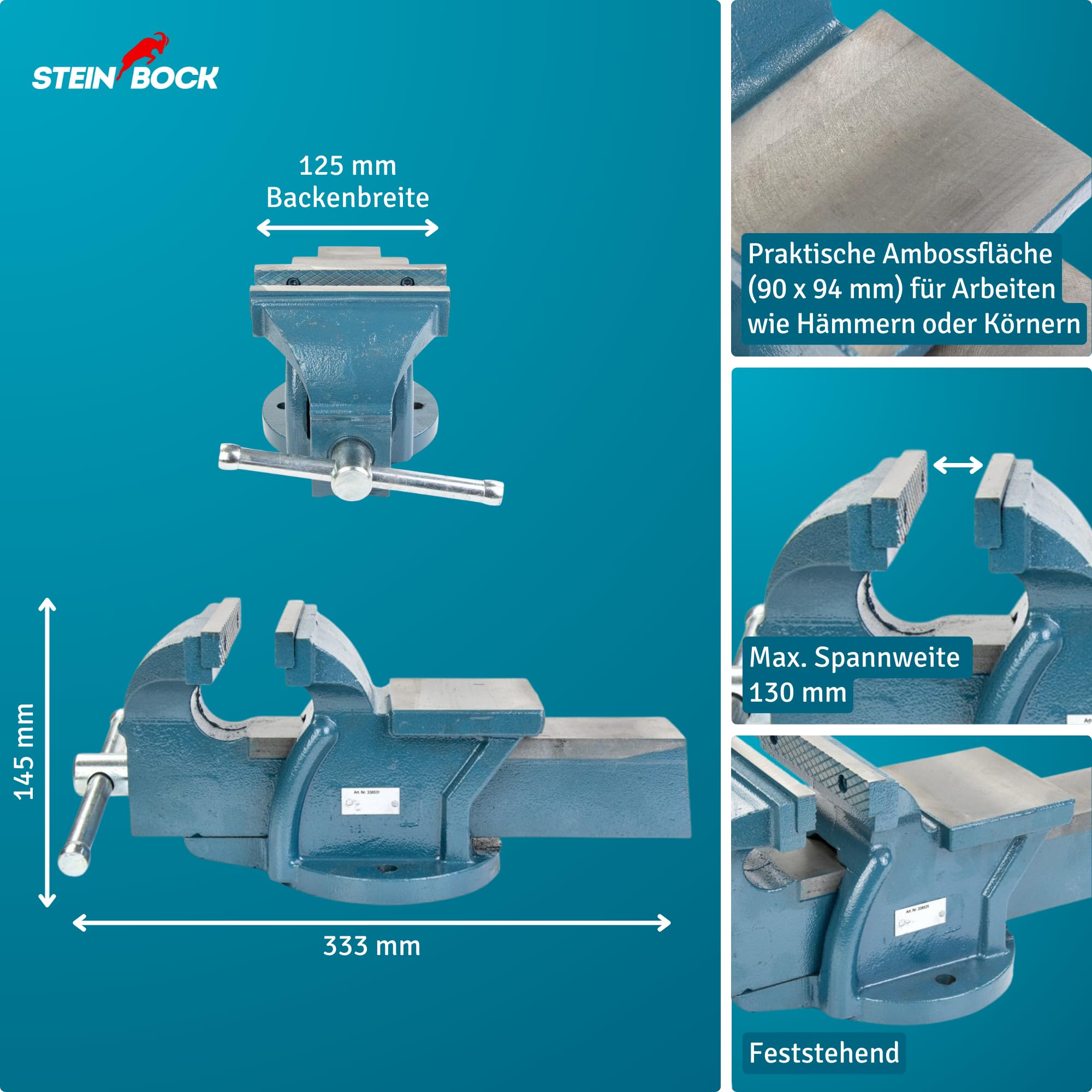 Steinbock Schraubstock feststehend |125 mm Backenbreite | Tischschraubstock aus robustem Gusseisen | robuste Ambossfläche | rutschfeste Backen | präzise Werkstück-Fixierung