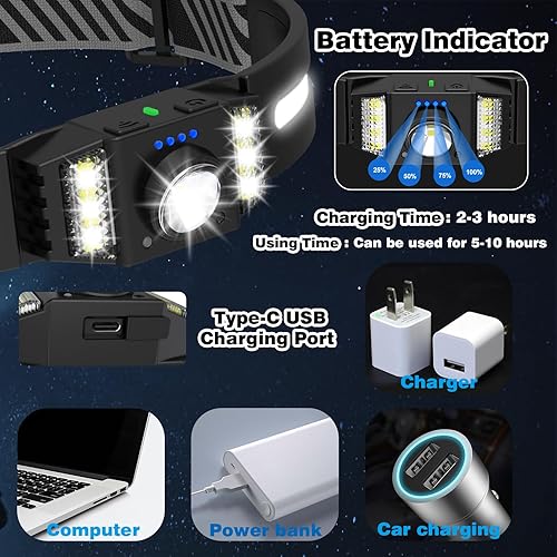 Miniatura 4 de Linterna frontal LED recargable, paquete de 2 lámparas brillantes con sensor de movimiento, linterna de fuente de luz blanca y roja, faros