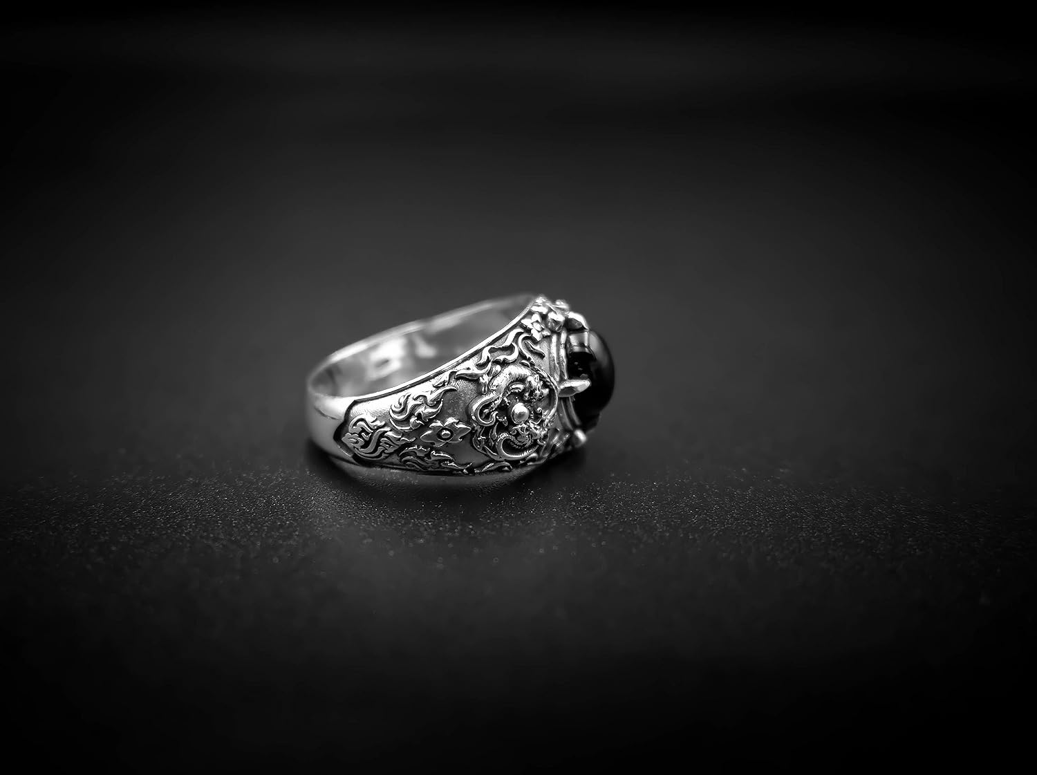 925 Sterling Silver Onyx Dragon Tiger Ring Fashion Animal Jewelry Size 6-15
