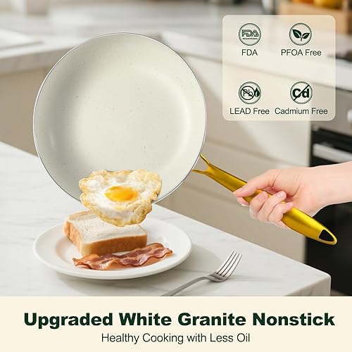 Miniatura 3 de Juego de ollas y sartenes antiadherentes, juego de utensilios de cocina de inducción de granito blanco, juego de cocina antiadherente con mango