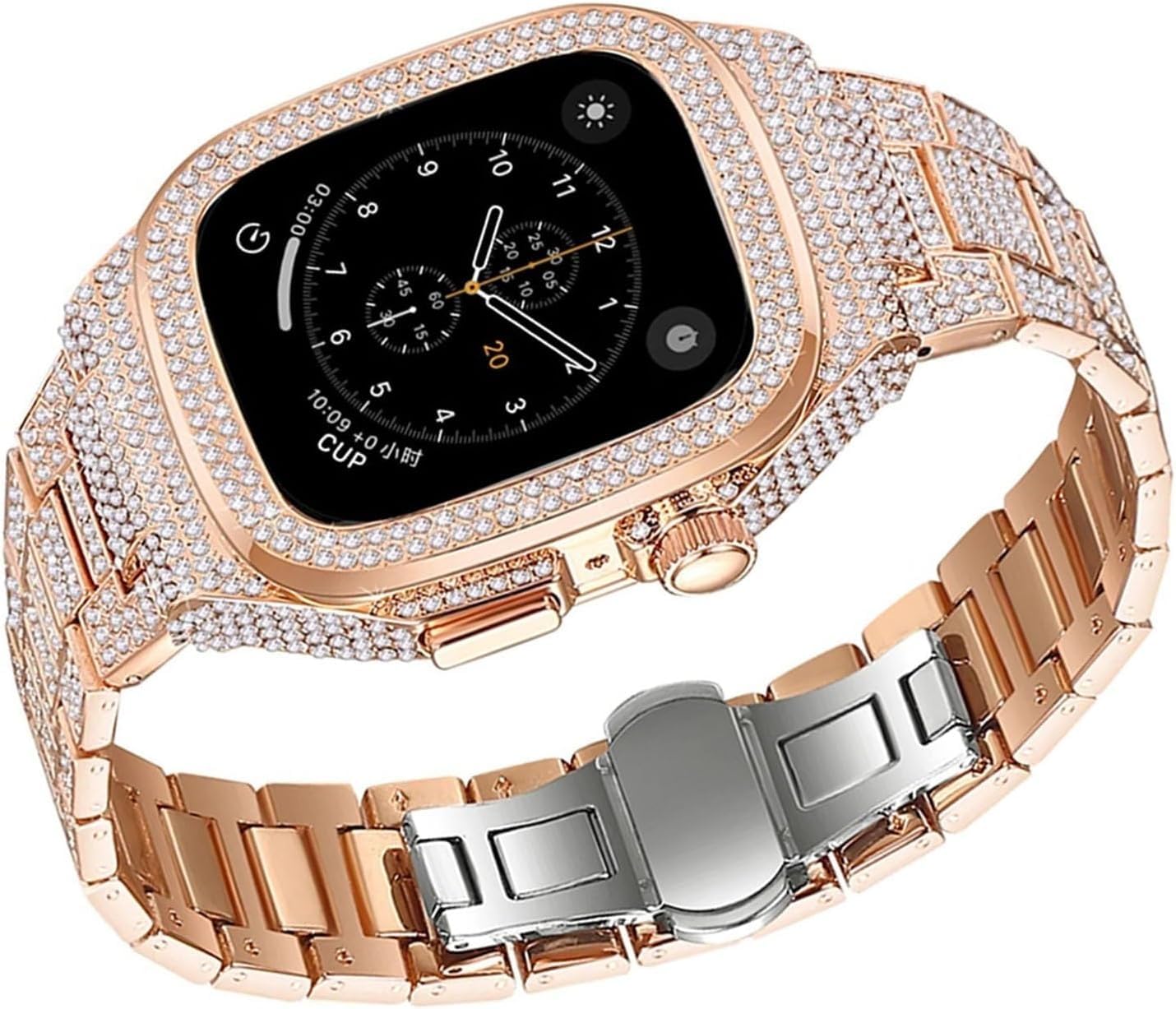 JDIME Kit de bracelet de montre en métal diamant pour Apple Watch Ultra 8 7 6 5 4 SE Series 44 mm 45 mm, accessoires de rechange avec outil