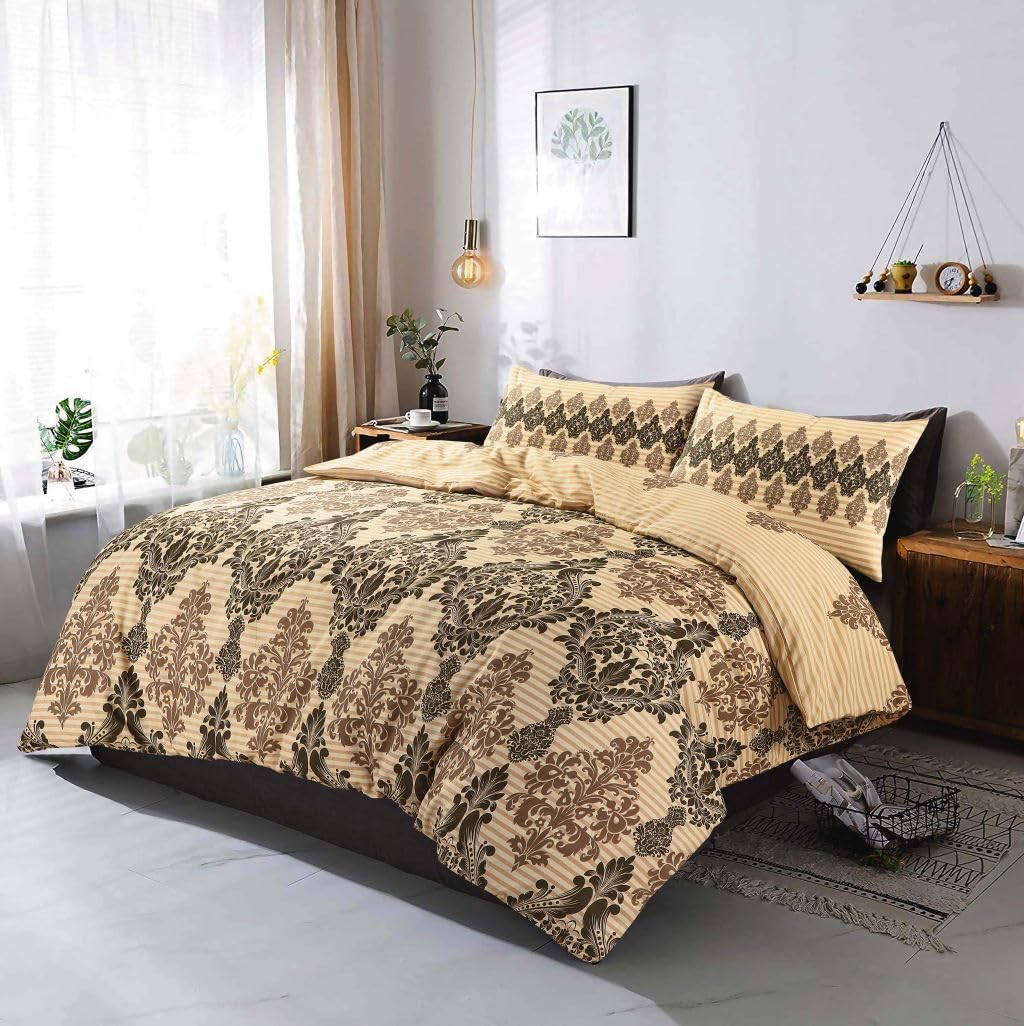 London Dream Tanya Damask Printed Duvet Cover Set with Pillowcases, Easy Care Soft Polycotton Quilt Cover, Reversible Bedding Set (Natural, Single 137 x 200 cm)