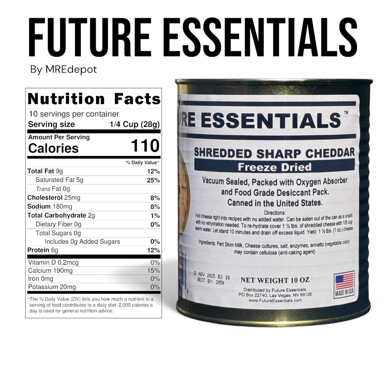 Future Essentials Freeze Dried Shredded Sharp Cheddar Cheese – #2.5 Can – Emergency Food Supply – 25-Year Shelf Life – Made in USA & Easy to Use in Recipes, 10 oz, 1-Pack