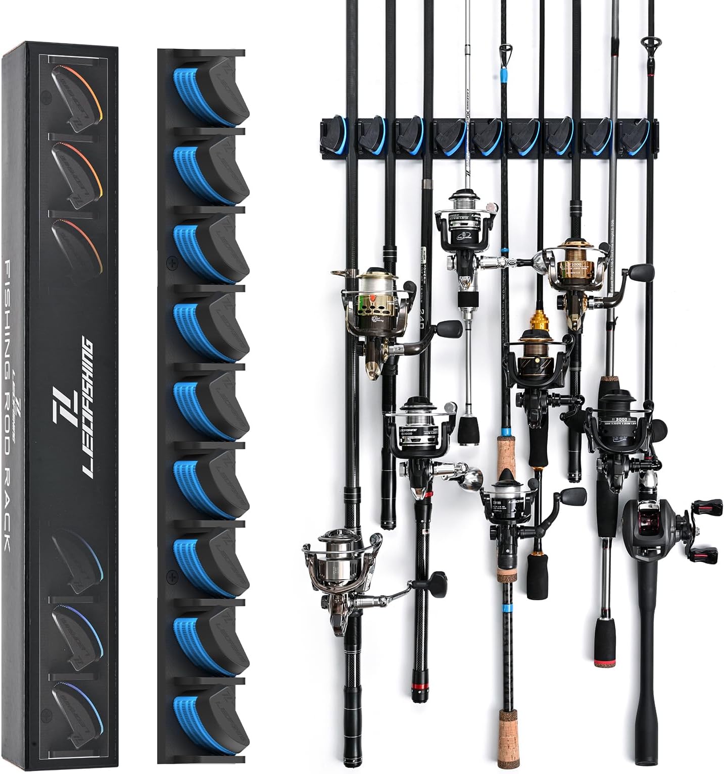 LEOFISHING Vertical Horizontal Fishing Rod Holder Wall Mounted Fishing Rod Rack Holds Up to 9 Rods or Combos Fishing Rod Pole Holders for Garage Ceiling Mounted Fits Most Rods (Blue-1 Pack)