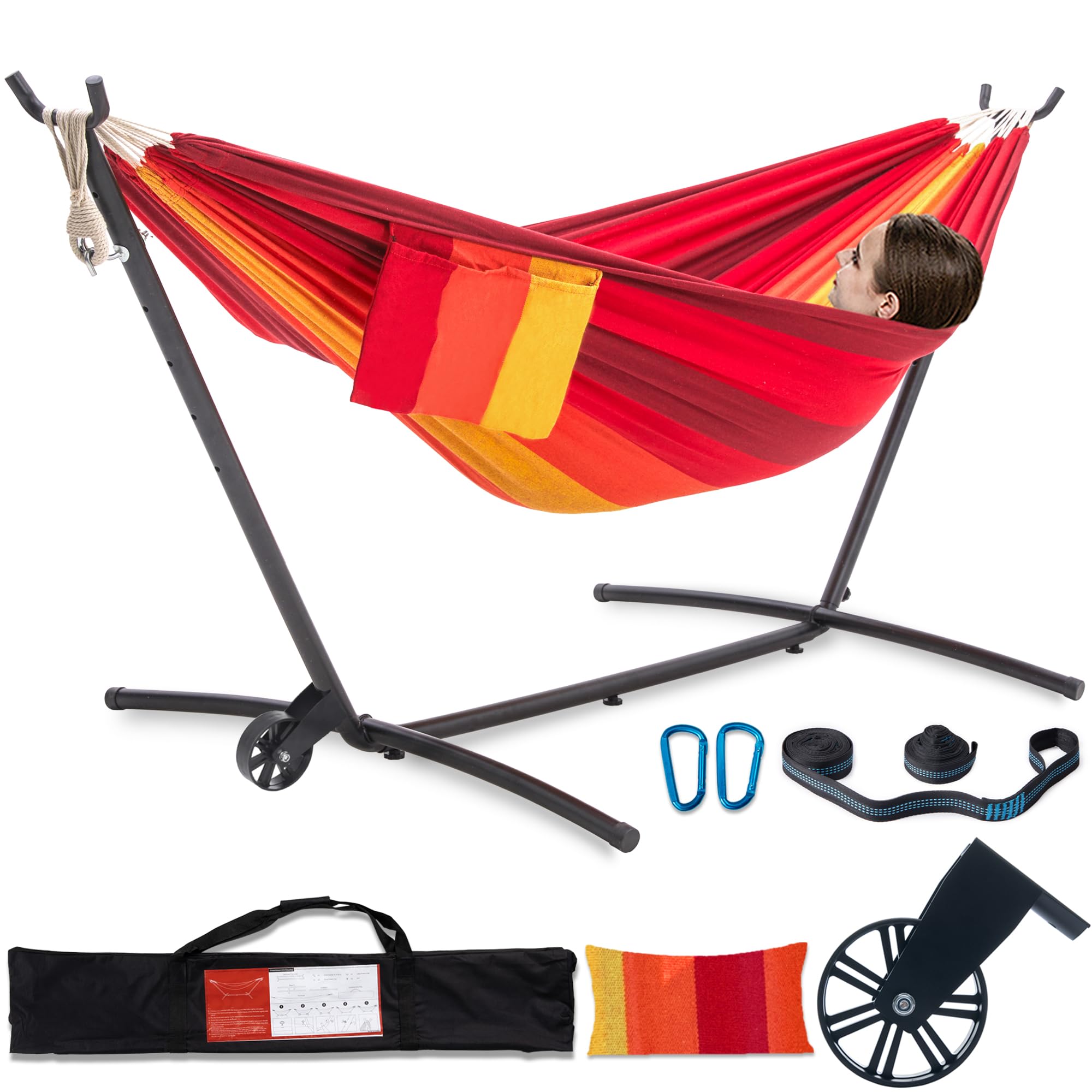 PNAEUT XXL Hammocks with Stand 2-3 Person, Max 600 lbs Capacity, Upgraded Heavy Duty Stand for Outside, 2 x Sidebags & Pillow & Tree Straps & Carabiners and Portable Carrying Bag Included (Sunset)