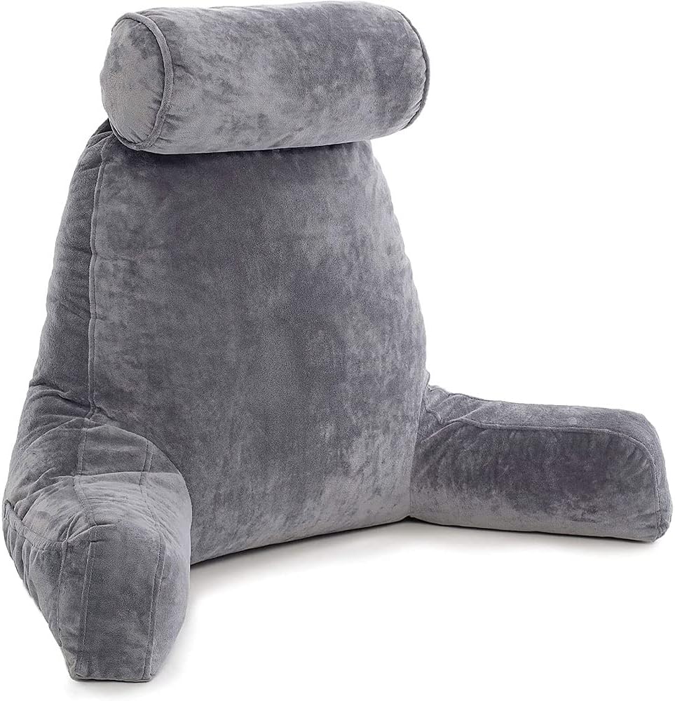 TOMVAES Reading Pillow,with Shredded Memory Foam, Ultra-Comfy Removable Microplush Cover Detachable Neck Roll Bed Rest Sit Up Pillow,with Multifunctional Pockets Gray