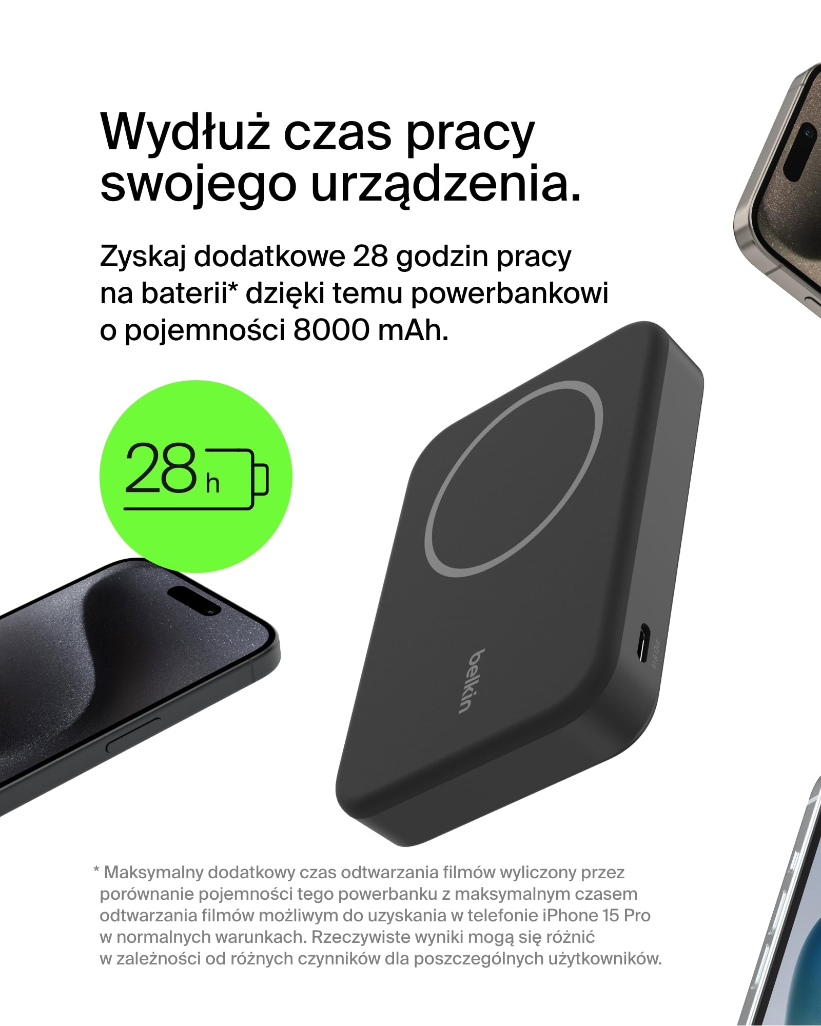 Belkin Bezprzewodowy powerbank BoostCharge Pro 8000 mAh z Qi2, ładowarka zgodna z MagSafe + rozkładana podstawka – do telefonów iPhone 16, 16 Plus, 16 Pro, 16 Pro Max, iPhone 15 i innych – czarny, 8K