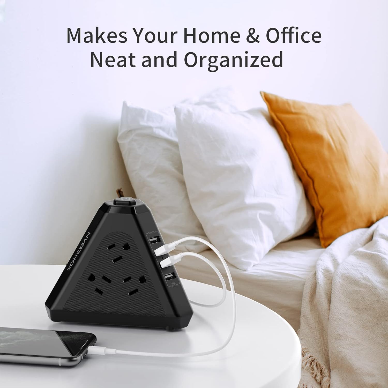 Power Strip Surge Protector Tower, 3-Side Triangle Outlet with 9 AC Multiple Outlets 4 USB Ports, 6.5 FT Long Extension Cord Outlets Charging Tower with Surge Protection Overload Protection for Office