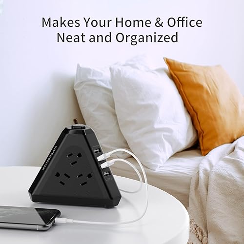 Miniatura 7 de Regleta protectora contra sobretensiones, salida triangular de 3 lados con 9 salidas de CA múltiples 4 puertos USB, cable de extensión de 6.5 pies