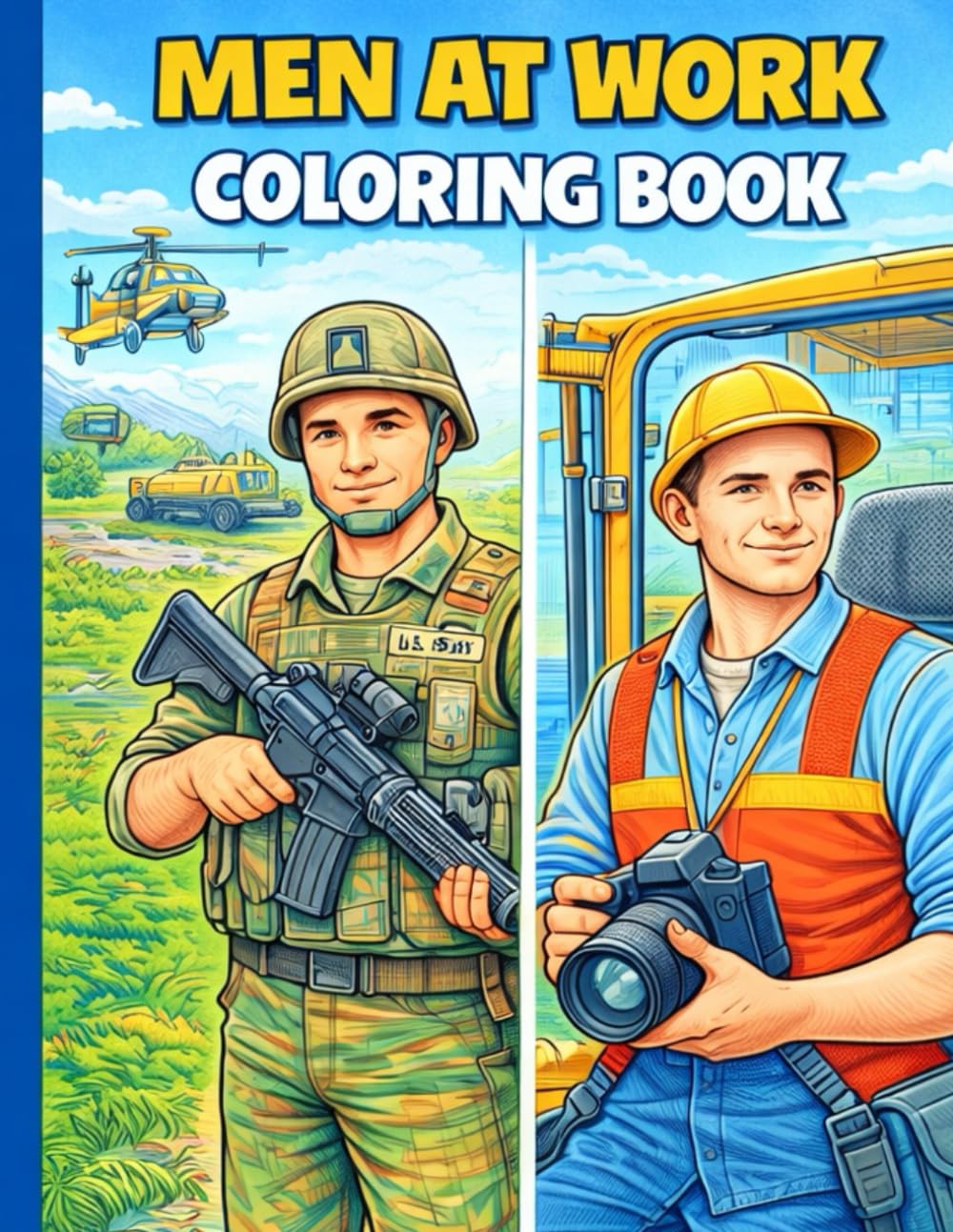 Men at Work – Coloring Book for Boys 25 Realistic Job Illustrations | Firefighters, Pilots, Soldiers, Mechanics & More!
