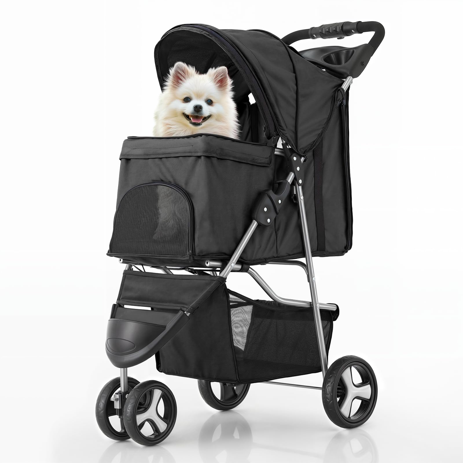 MoNiBloom Foldable Pet Stroller with Weather Cover, 3 Wheels Pet Strolling Cart for Small/Medium Dogs and Cats with Storage Basket and Cup Holder, Breathable and Visible Mesh for All-Season, Black