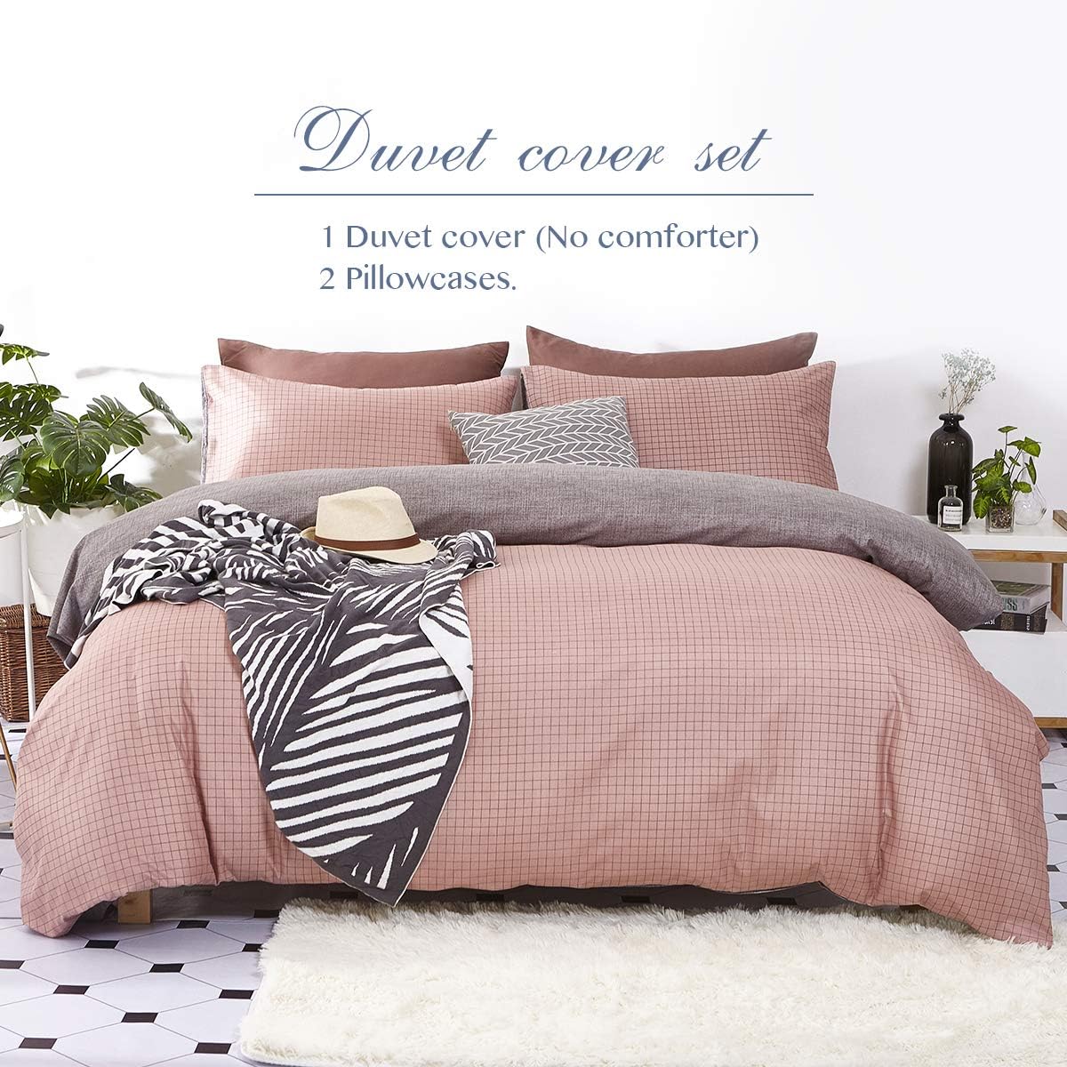 Eternal Moment 100% Polyester 3pc Duvet Cover Set (No Comforter) - Plaid Pattern Bedding Sets with Zipper and Corner Ties, Soft and Durable Comforter Cover, Blush Plaid-Queen