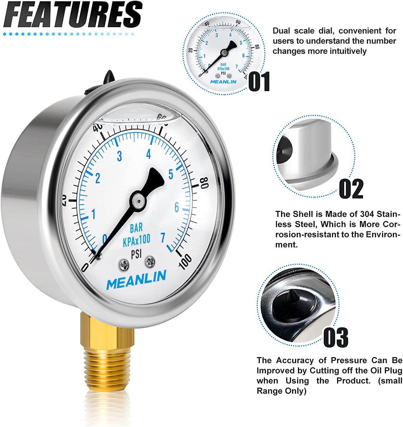 MEANLIN MEASURE 0~100Psi Stainless Steel 1/4" NPT 2.5" FACE DIAL Liquid Filled Pressure Gauge WOG Water Oil Gas Lower Mount : Industrial & Scientific