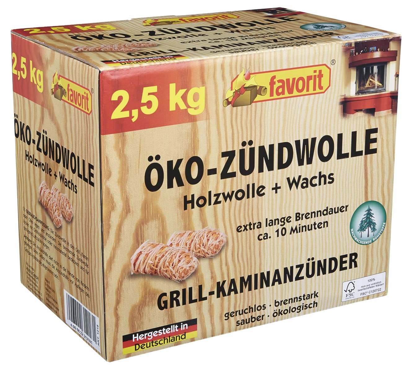 Favorit Laine d'allumage écologique - 2,5 kg - dans Une boîte Pliante refermable en Bois Naturel et Cire - 1218