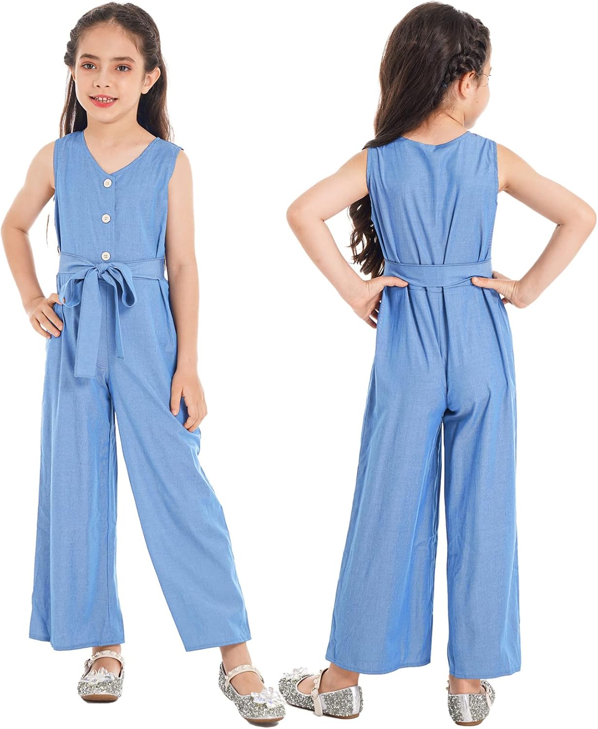 Loyan Kids Girls Casual Denim Jumpsuits Romper Jean Sleeveless Strap Overalls One-Piece Body with Belt