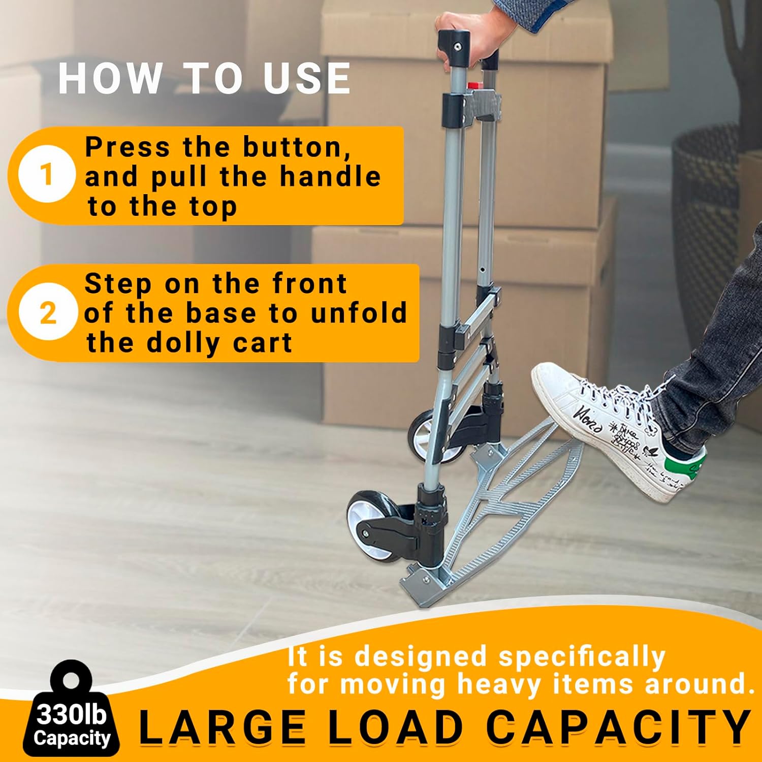 Foldable Hand Truck Dolly, 330 lbs Heavy Duty Capacity, Lightweight Aluminum Alloy Cart with Telescoping Handle, Adjustable Height, Easy Storage, for Moving, Shopping, Delivery, and Warehouse Use