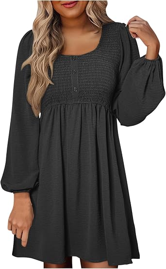 Womens 2026 Casual Dress Smocked Crewneck Button Up Dress Long Sleeve Empire Waist A-Line Mini Dress for Women