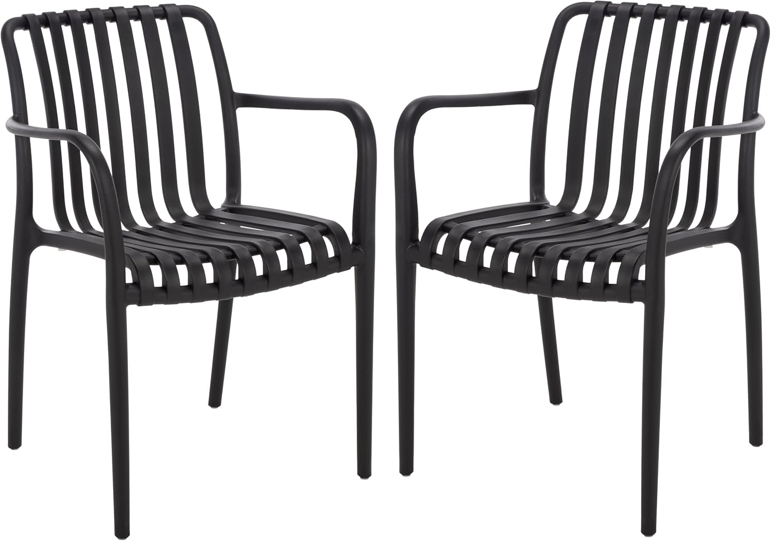 SAFAVIEH Outdoor Patio Furniture Collection – Holly Black Stacking Dining Armchair Set of 2, Fully Assembled Outdoor Chairs, Modern Slatted Design, Weather-Resistant Patio Seating (PAT4702A-SET2)