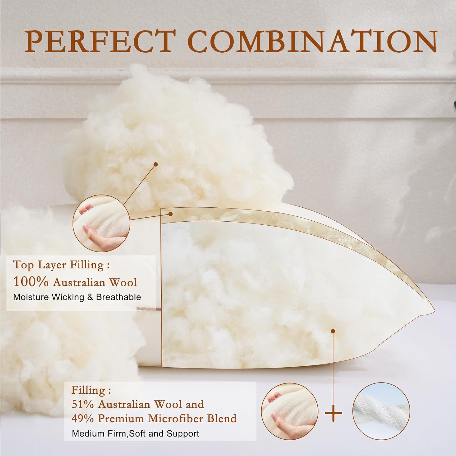 YOUR MOON Organic Wool Pillow Queen Size, Soft Support Bed Pillows for Sleeping, Natural Wool & Down Alternative Filling, Luxury Hotel Quality Pillows,100% Cotton Cover (Off White) - Image 2