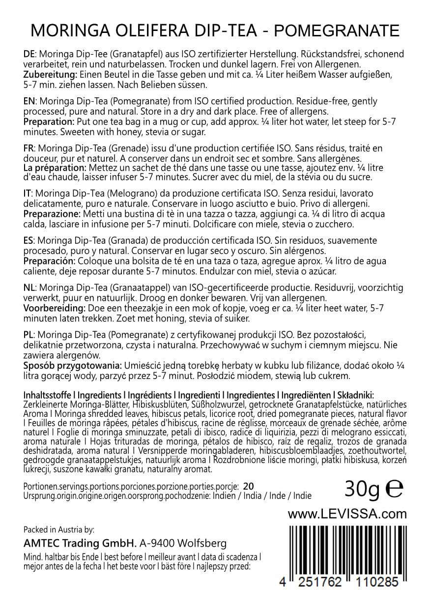 Tè Moringa 100% naturale e vegano (a scelta mix di erbe, mela cannella, melograno, zenzero, menta). Qualità 1A (20 bustine di tè Moringa-Melograno)