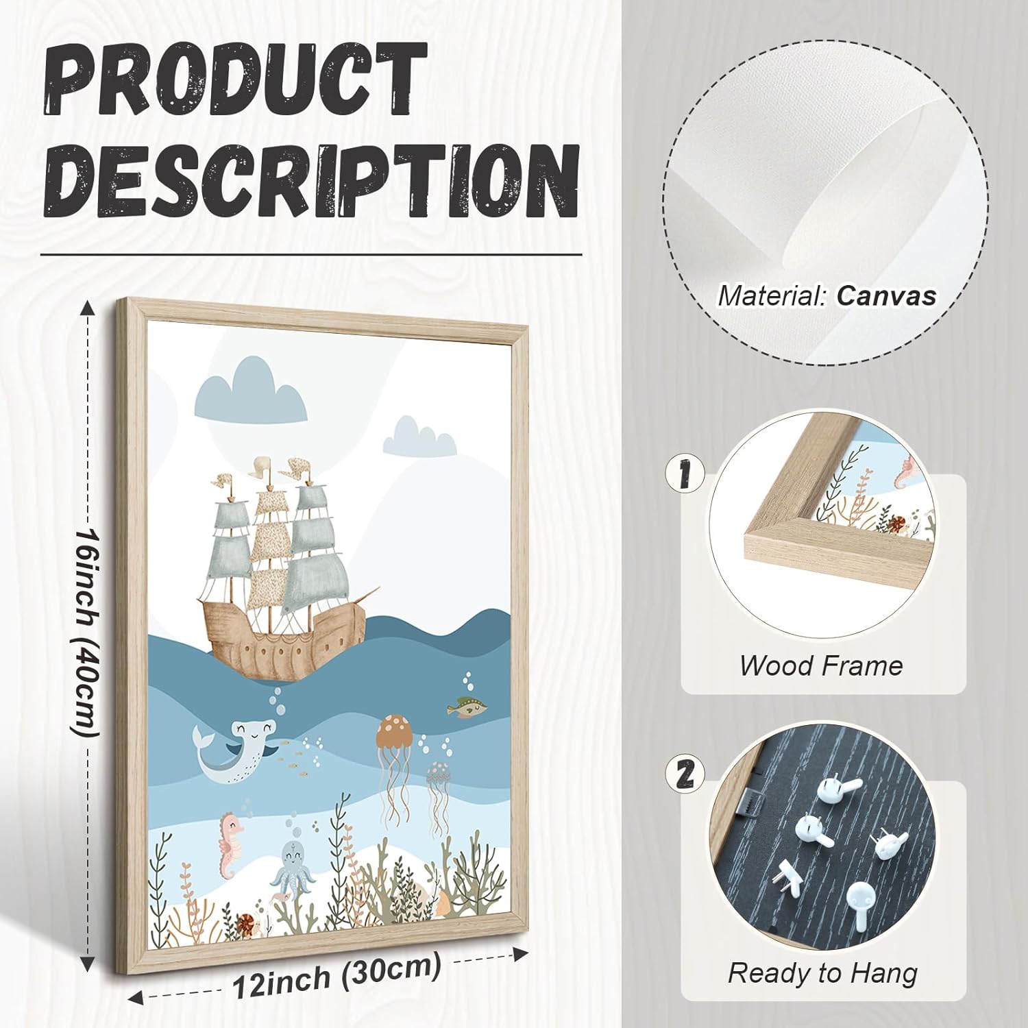 Ocean Nursery Wall Art Pictures Blue Nautical Canvas Art Beach Animal Wall Decor Baby Boys Room Wall Art Sea Whale Prints Ocean Nautical Poster for Nursery Baby Room 12x16 Inch Set of 3 Wood Framed