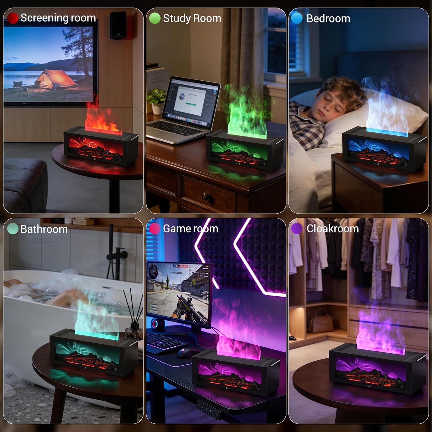 Fireplace Humidifier & Essential Oil Diffuser with Remote Control, 150ml Ultrasonic Aroma Diffuser, Realistic Flame Effect, 7-Color LED Night Light, Timer & Auto Shut-Off, for Bedroom/Home (Black)