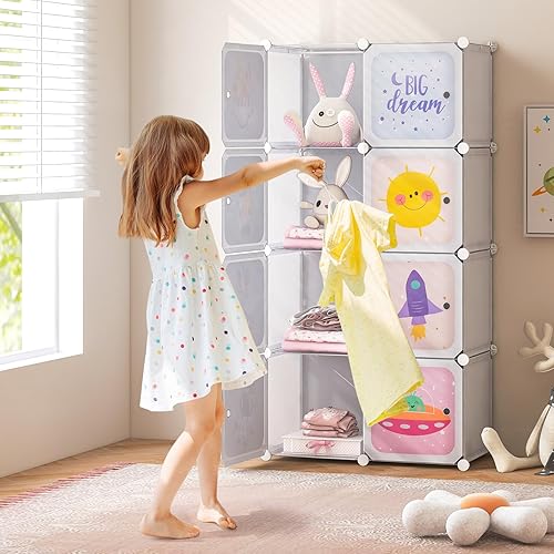 Miniatura 2 de INFANS Armario para niños, armario portátil para bebé, lindo para dormitorio de niños, armario de guardería con puertas, 12 cubos, 2 secciones para