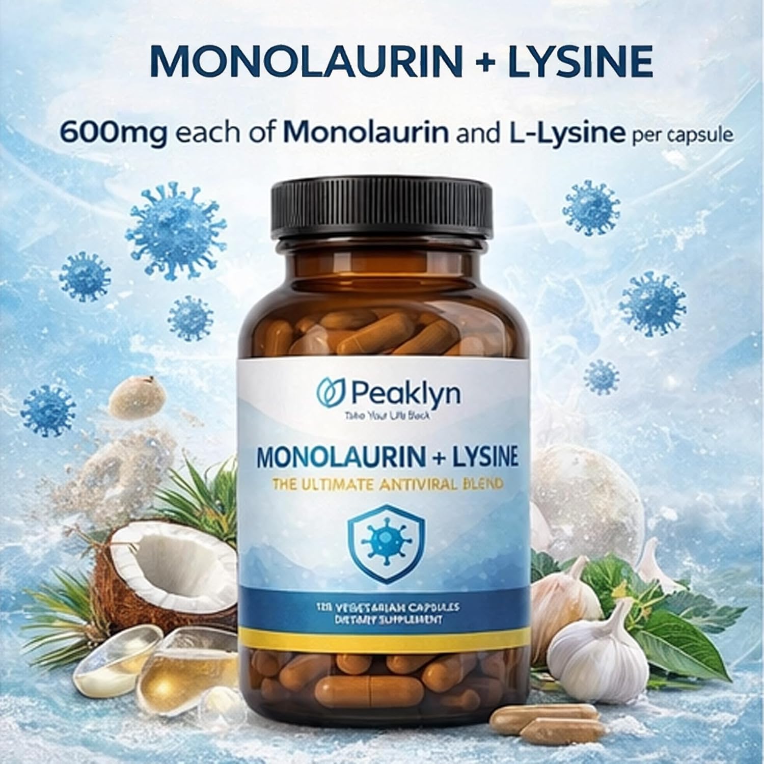 Peaklyn L-Lysine and Monolaurin Capsules, 600mg 1:1 Ratio Formula, 120 Capsules