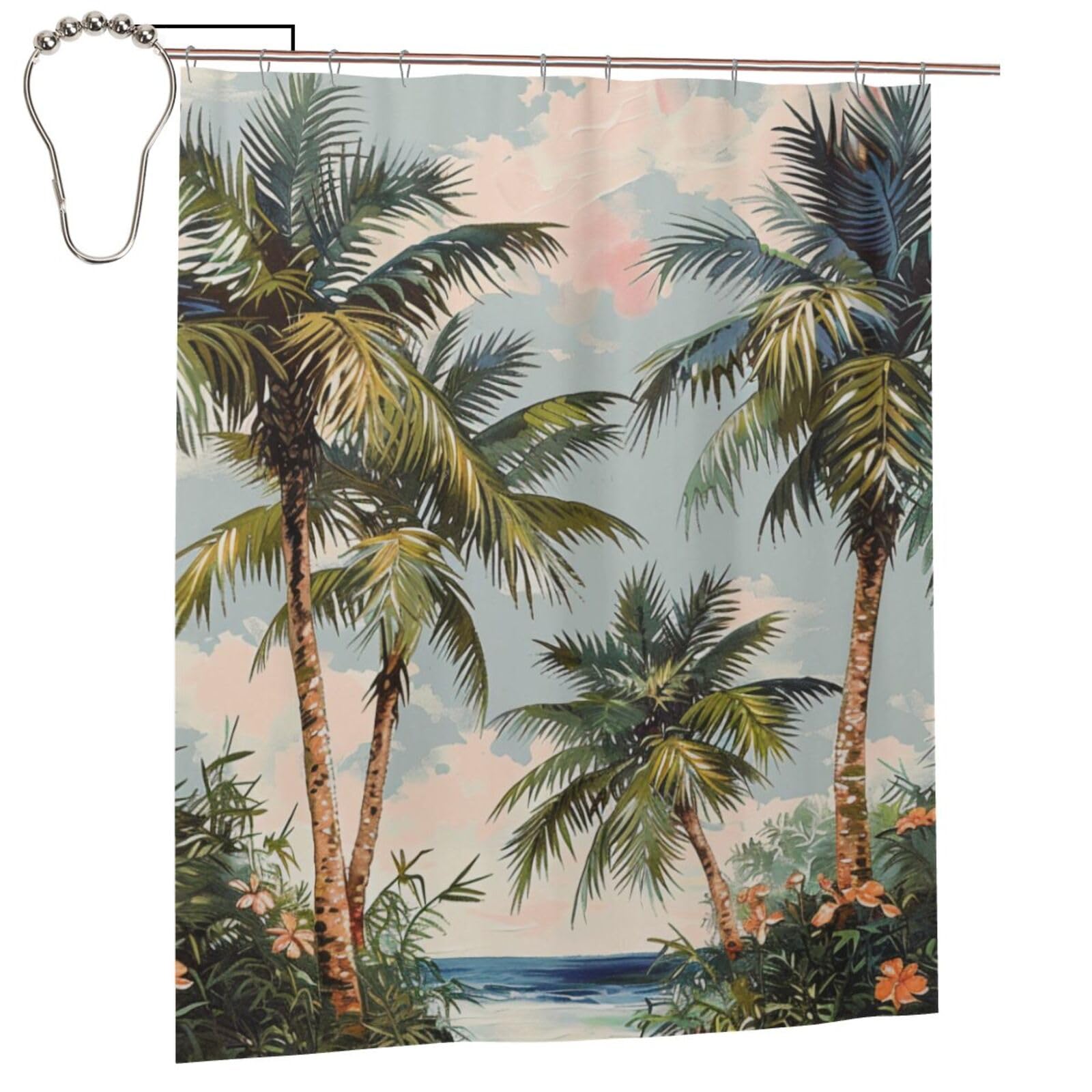 BWWHCCTI Tropical Palm Trees Printed Shower Curtain With 12 Iron Hooks Opaque Quick Drying Waterproof Shower Curtains Sets For Bathroom 152x183 Cm
