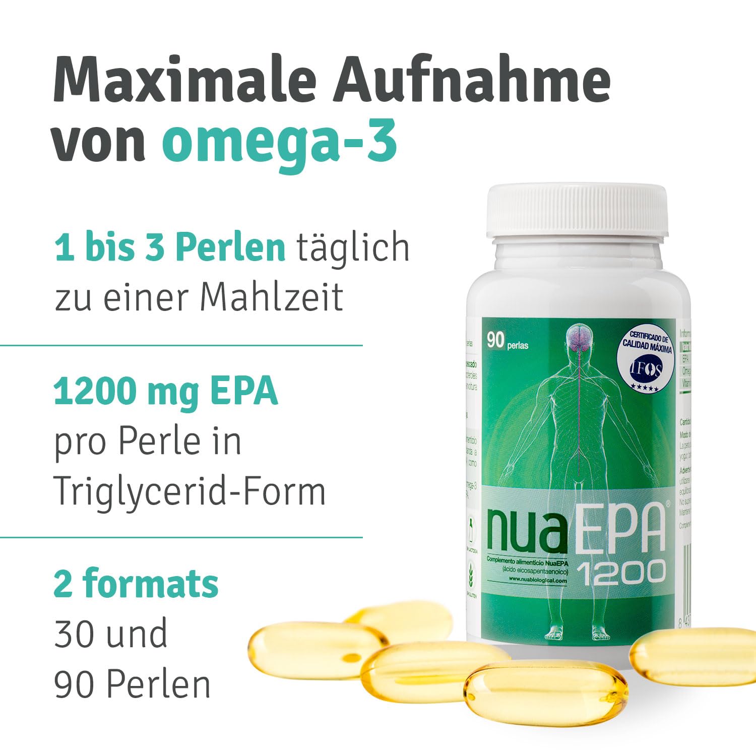 Nua Biological NuaEPA®1200 – Omega-3 100% EPA – 90 Kapseln (3 Monate) – 1200 mg EPA pro Kapsel – Triglycerid-Form – Hohe Konzentration – Ohne leere Fette